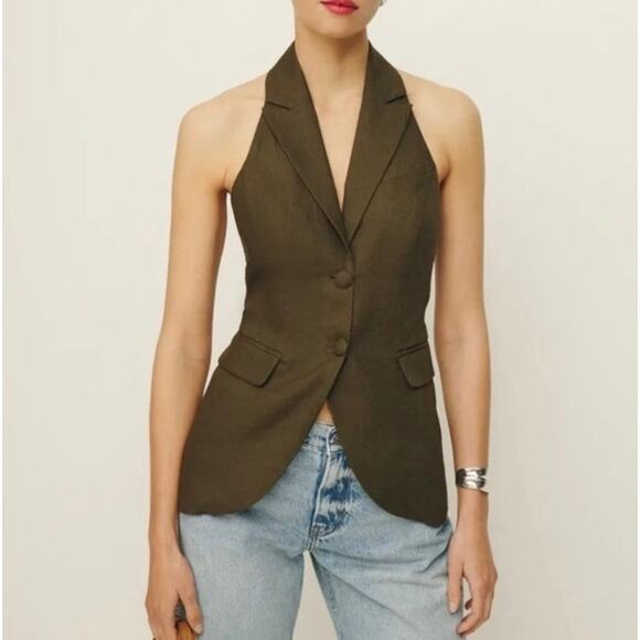 REFORMATION Brennan Linen Vest Top Womens 6 Olive Green Sleeveless Halter NEW - Picture 1 of 16